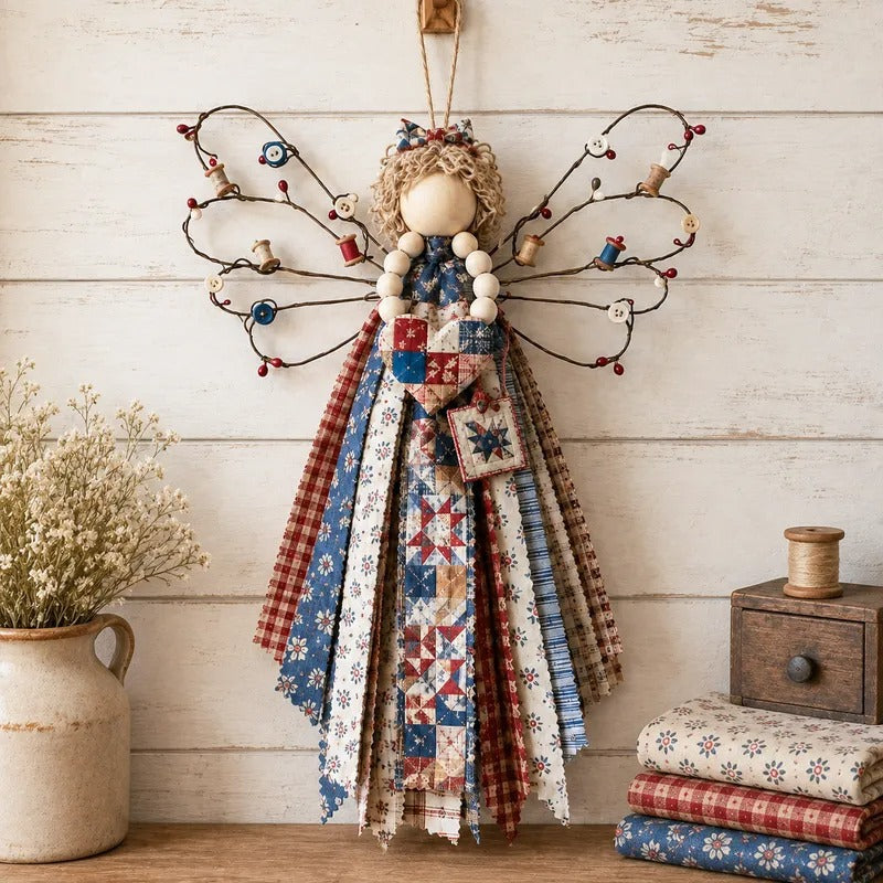 Rustic Fabric Angel Wall Hanging – Handcrafted Patchwork Country Home Decor
