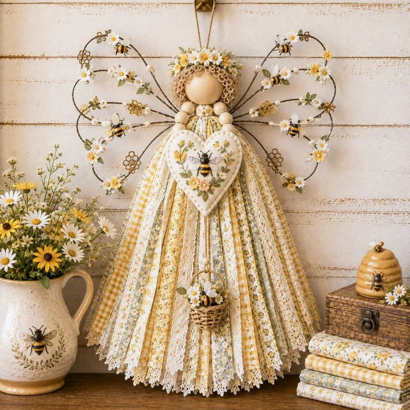 Rustic Fabric Angel Wall Hanging – Handcrafted Patchwork Country Home Decor