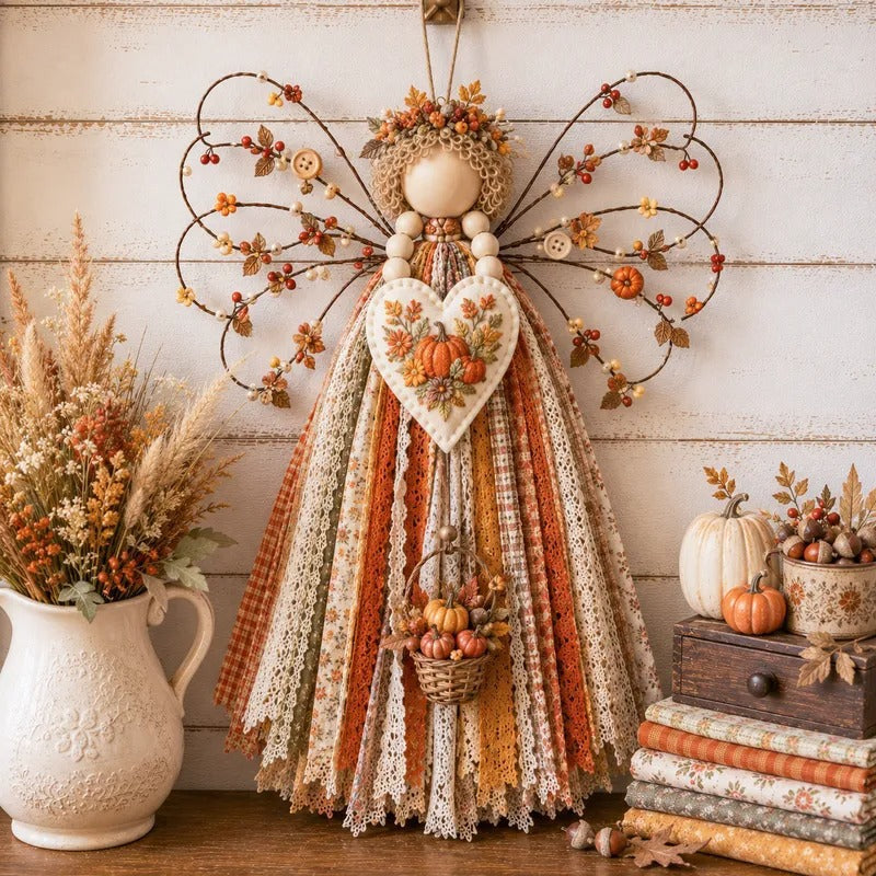 Rustic Fabric Angel Wall Hanging – Handcrafted Patchwork Country Home Decor