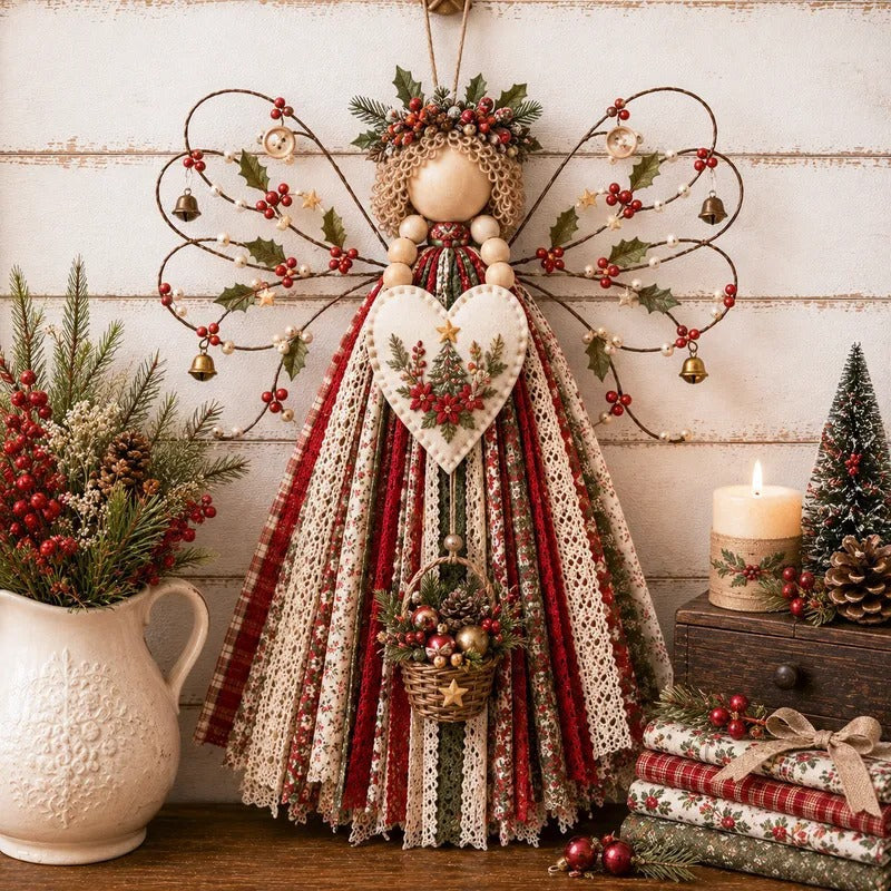 Rustic Fabric Angel Wall Hanging – Handcrafted Patchwork Country Home Decor