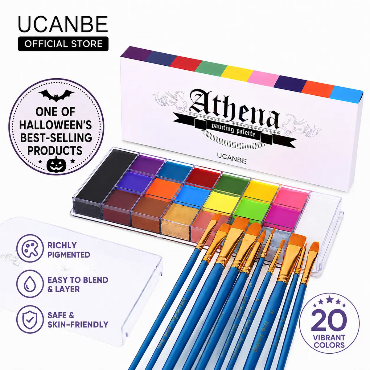 Athena 20-Color Face & Body Paint Palette – Waterproof, Non-Toxic, for Halloween & Artistic Makeup