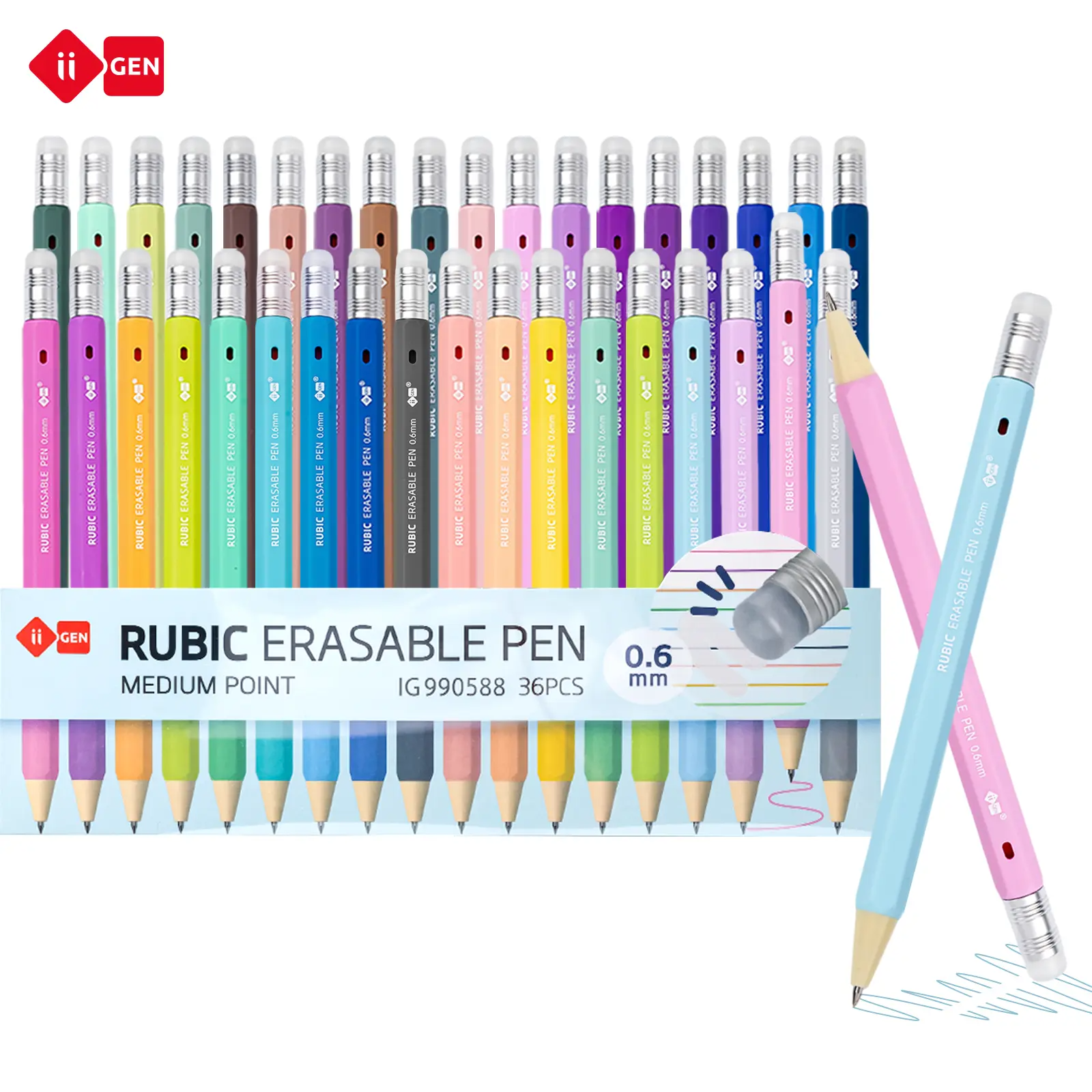 iiGEN 36-Color Erasable Gel Pen Set | 0.6mm Fine Tip, Ergonomic Hexagonal Grip