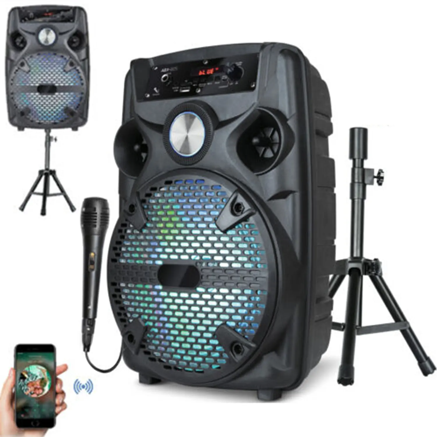 8" Portable Bluetooth Karaoke Speaker with Microphone, Tripod Stand & FM Radio – LED Party Sound System