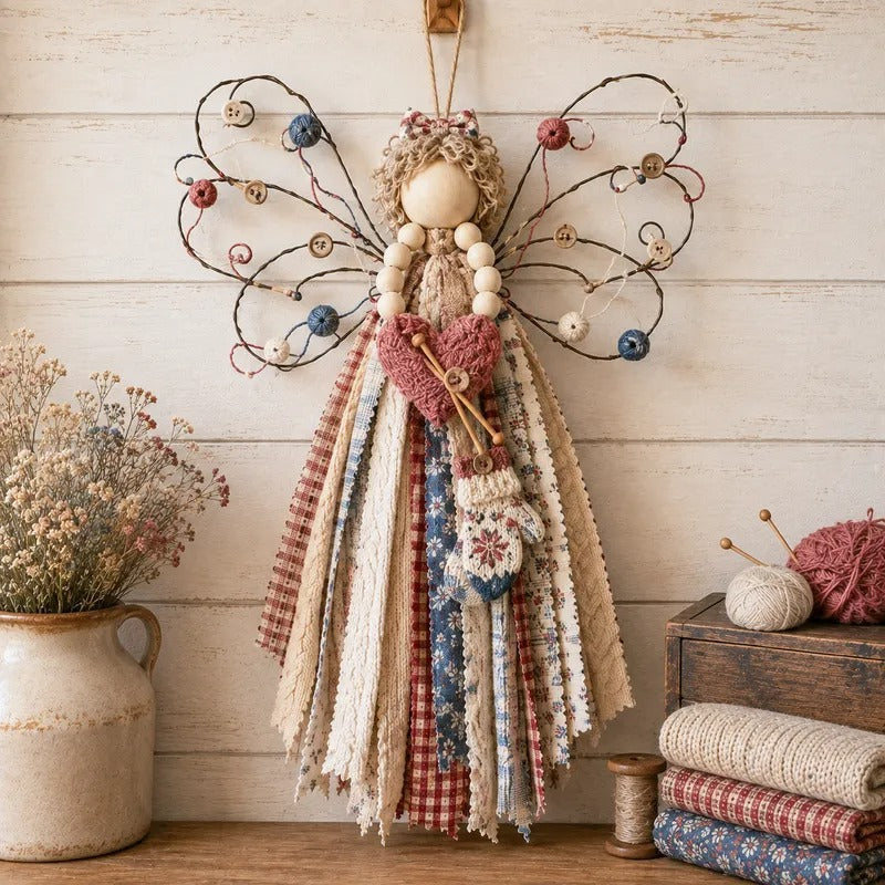 Rustic Fabric Angel Wall Hanging – Handcrafted Patchwork Country Home Decor