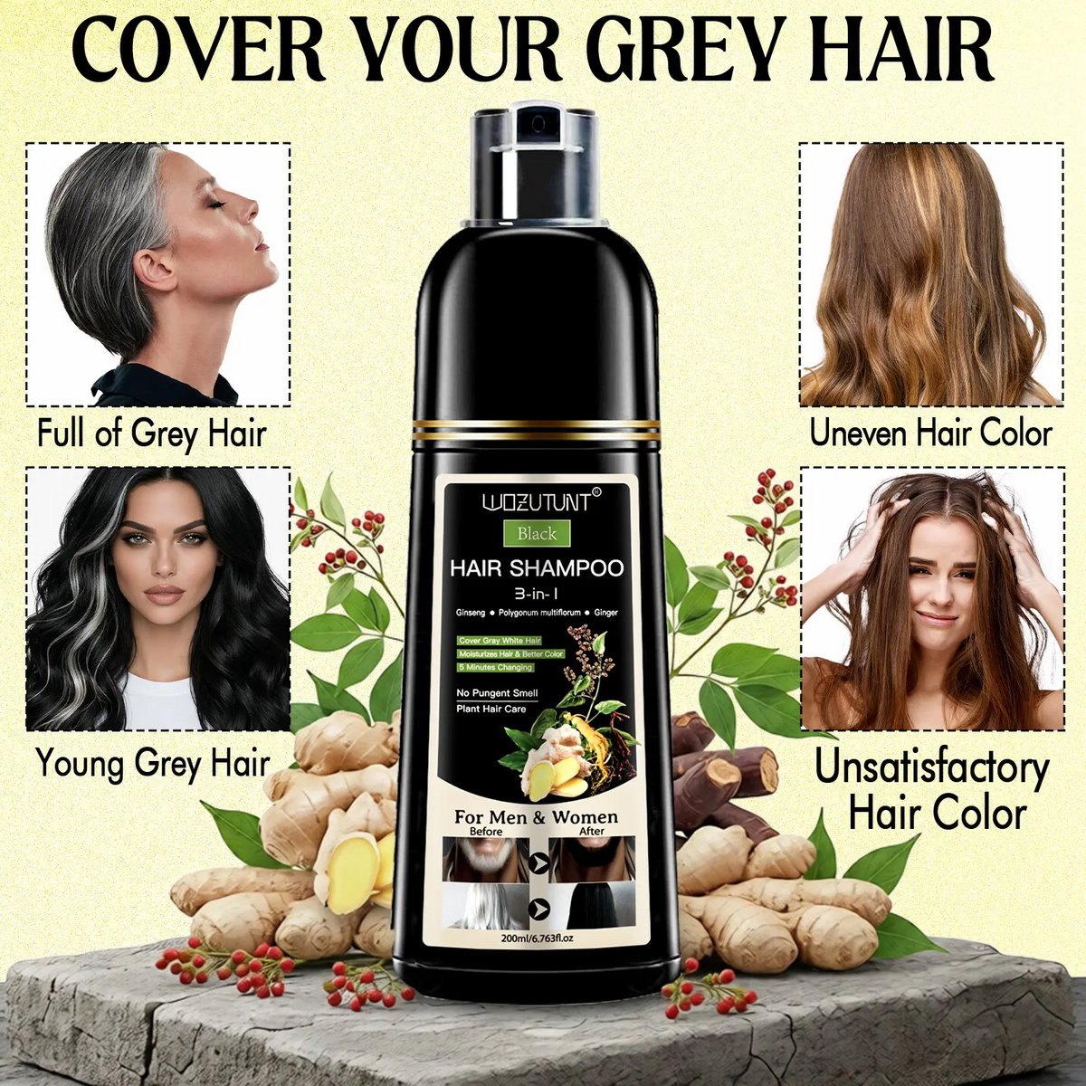 3-in-1 Hair Dye Shampoo – Ginseng Herbal Formula, Covers Grays, Long-Lasting Color (200ml)