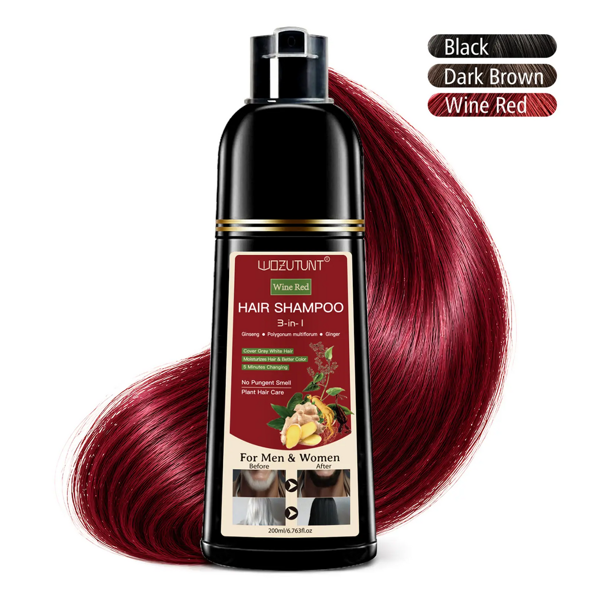 3-in-1 Hair Dye Shampoo – Ginseng Herbal Formula, Covers Grays, Long-Lasting Color (200ml)