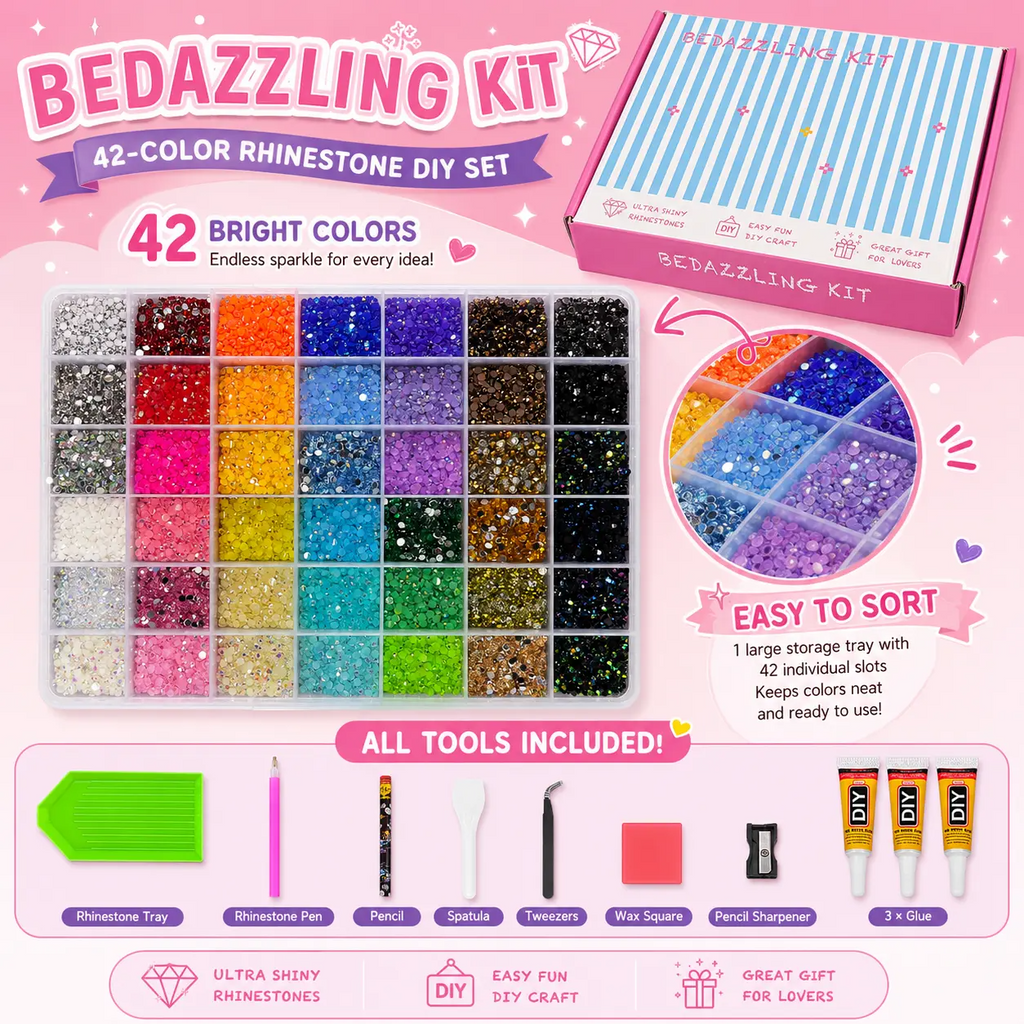42,000Pcs Rhinestone Kit – 42 Colors 3mm Round Glitter Gems for Nail Art & DIY Crafts