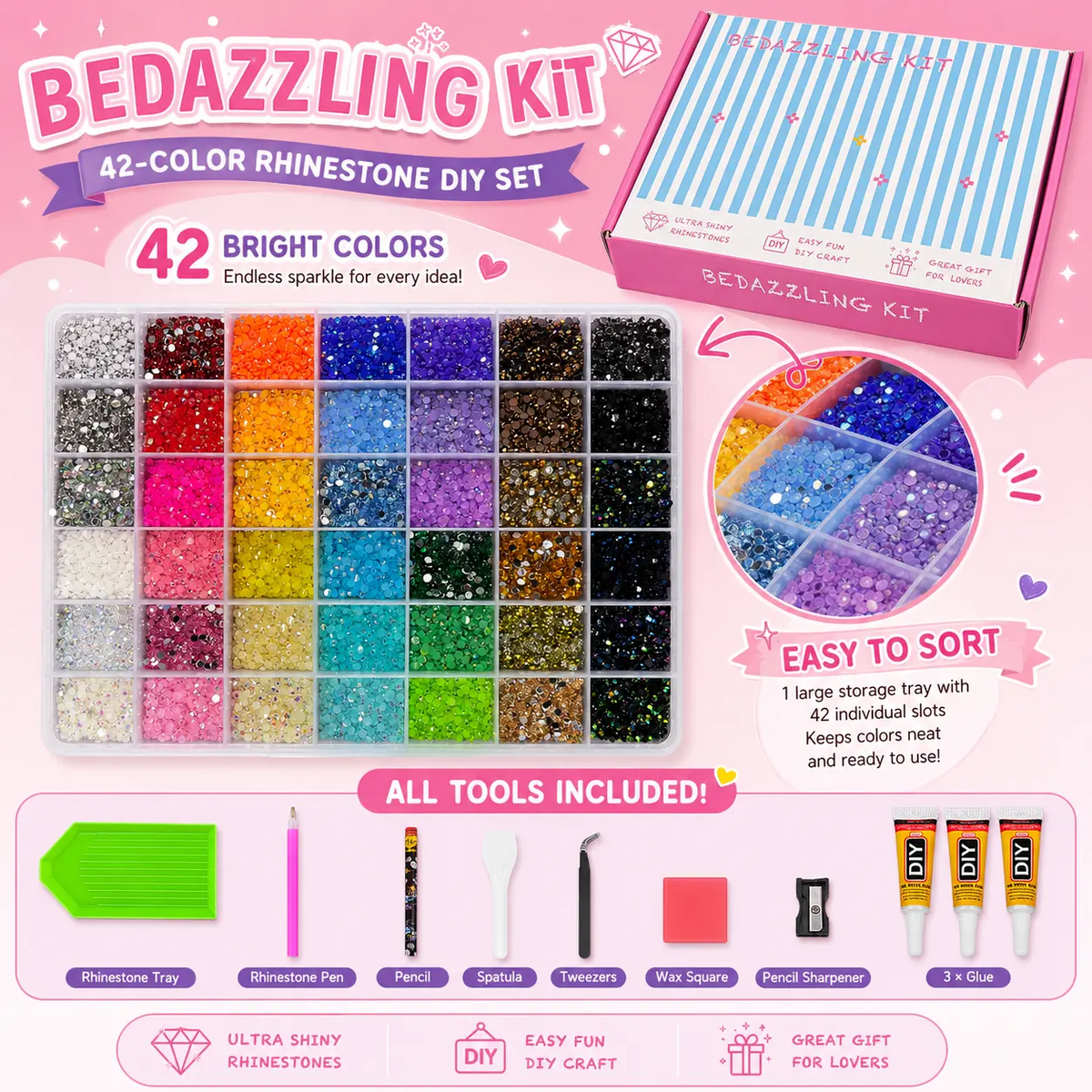42,000Pcs Rhinestone Kit – 42 Colors 3mm Round Glitter Gems for Nail Art & DIY Crafts