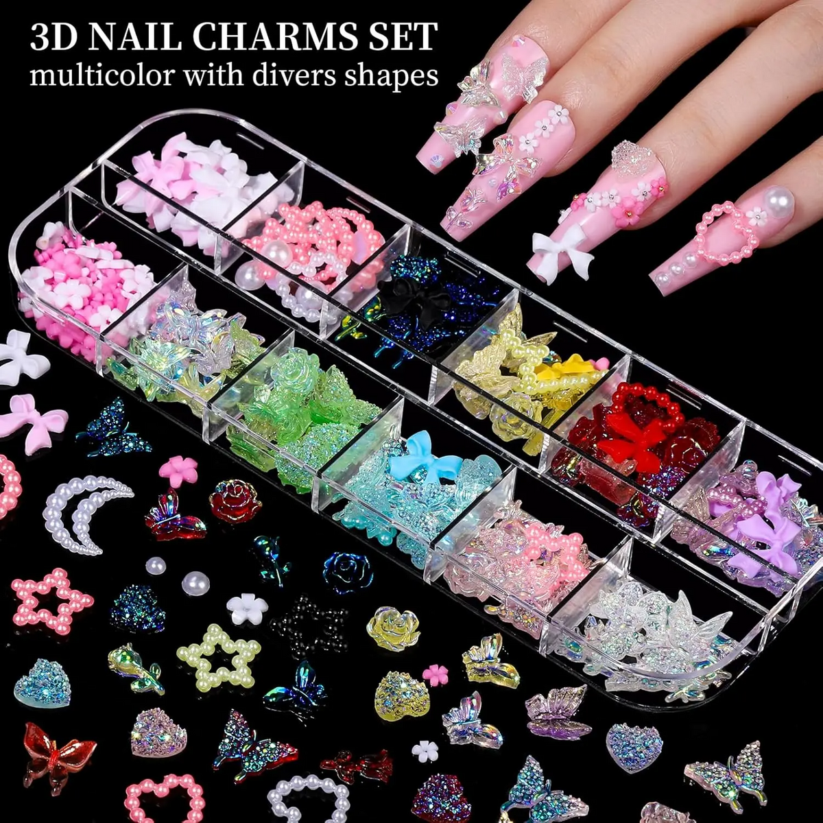 3D Nail Charms Kit – 8 Boxes of Rhinestones, Pearls & Jewels for Nail Art & DIY Crafts