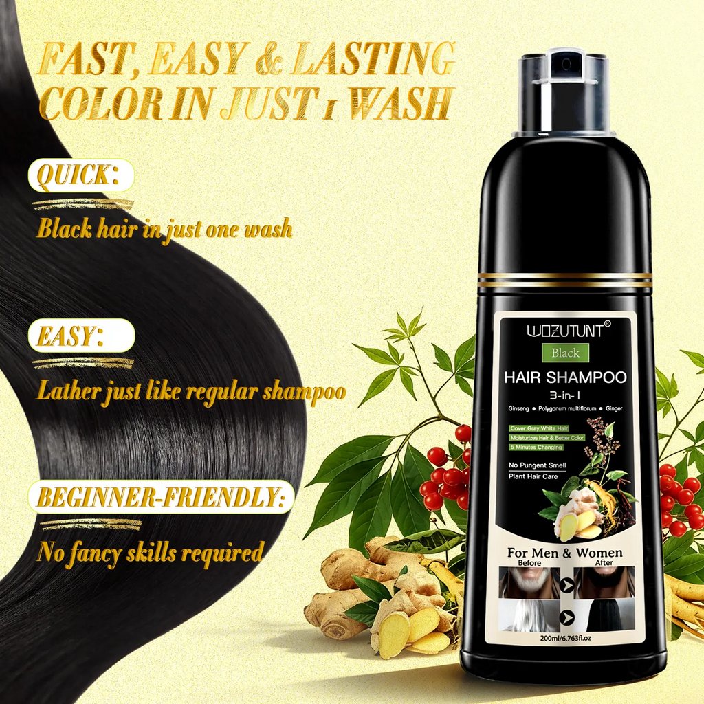 3-in-1 Hair Dye Shampoo – Ginseng Herbal Formula, Covers Grays, Long-Lasting Color (200ml)