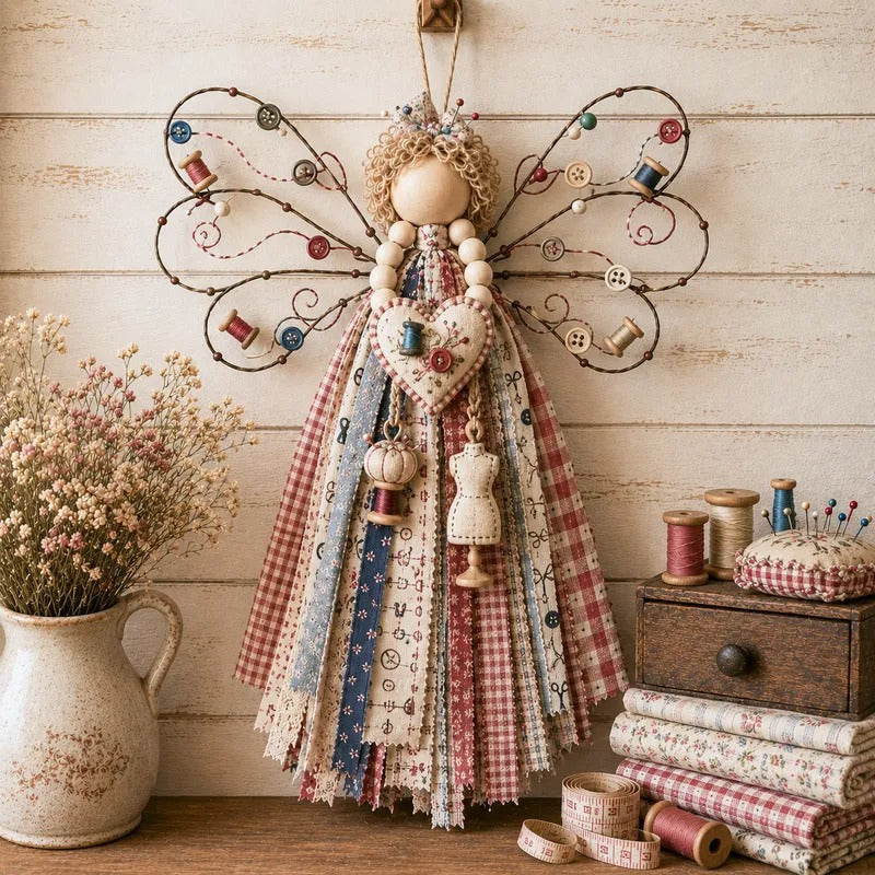 Rustic Fabric Angel Wall Hanging – Handcrafted Patchwork Country Home Decor