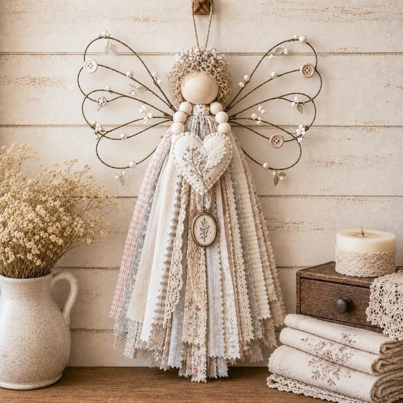 Rustic Fabric Angel Wall Hanging – Handcrafted Patchwork Country Home Decor