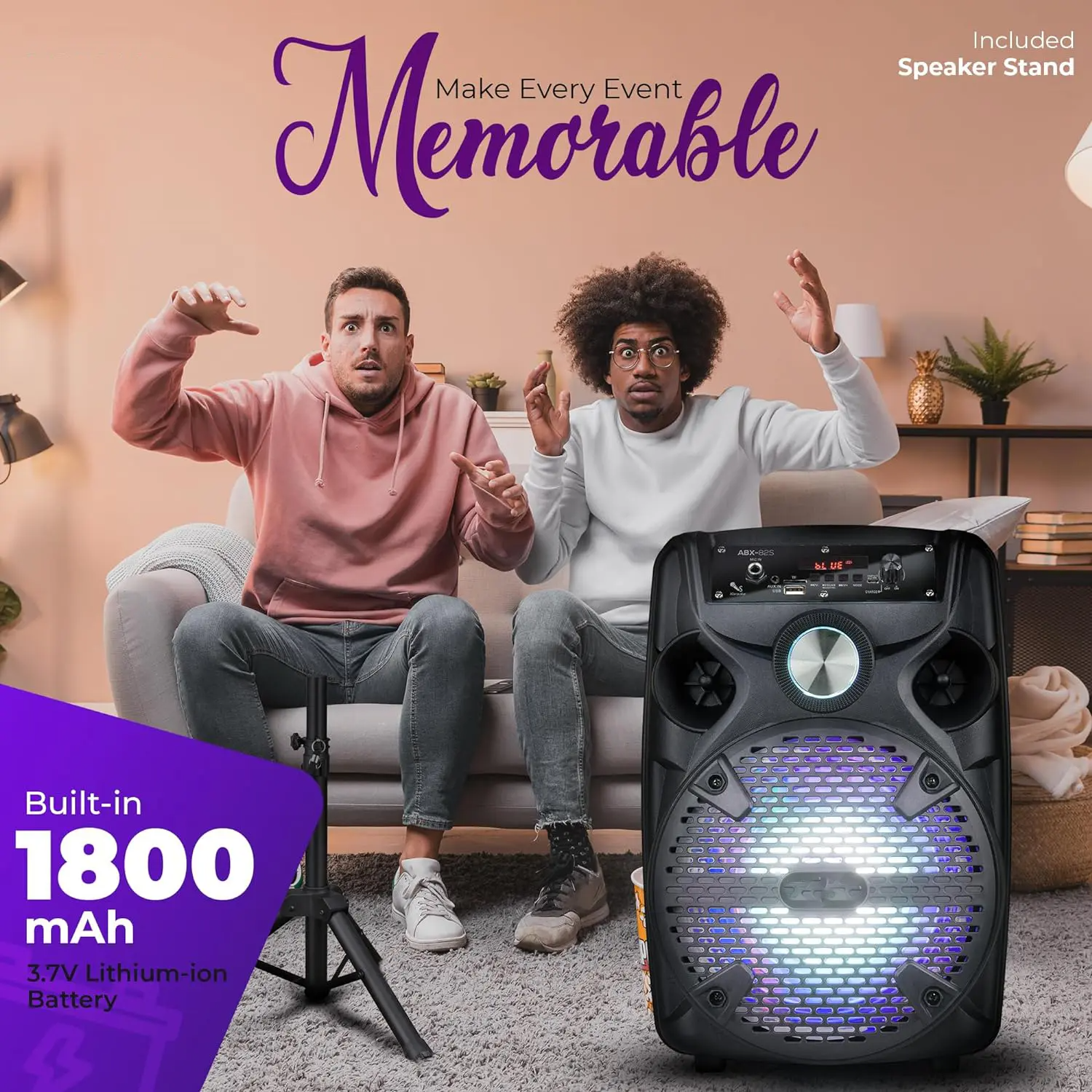 8" Portable Bluetooth Karaoke Speaker with Microphone, Tripod Stand & FM Radio – LED Party Sound System