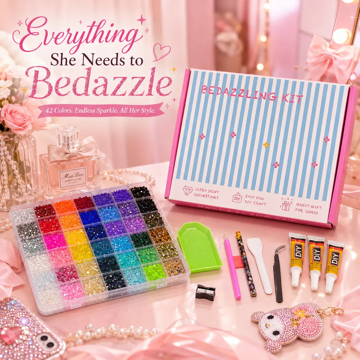 42,000Pcs Rhinestone Kit – 42 Colors 3mm Round Glitter Gems for Nail Art & DIY Crafts