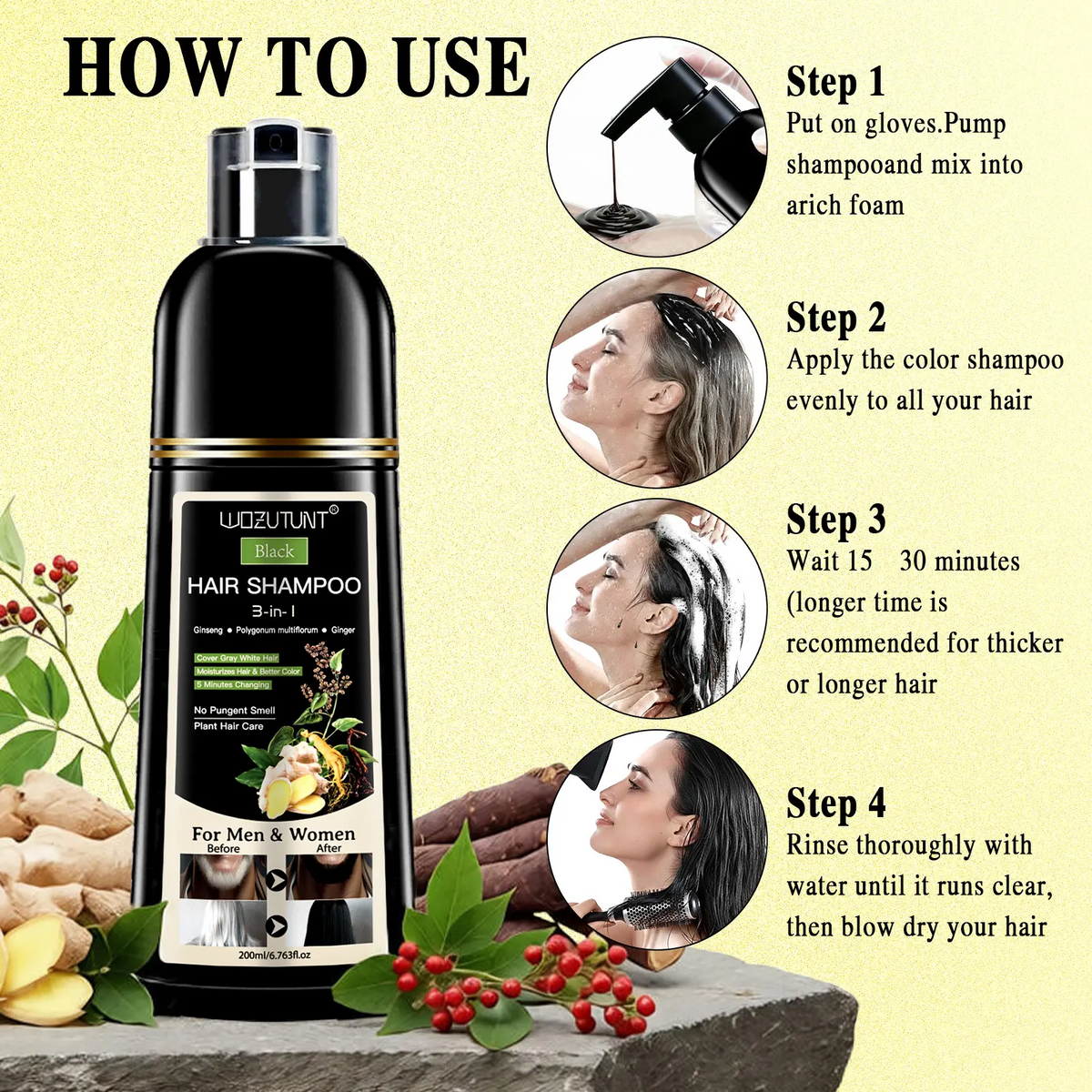 3-in-1 Hair Dye Shampoo – Ginseng Herbal Formula, Covers Grays, Long-Lasting Color (200ml)