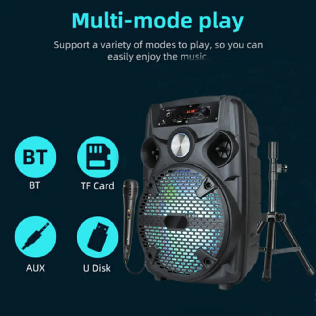 8" Portable Bluetooth Karaoke Speaker with Microphone, Tripod Stand & FM Radio – LED Party Sound System