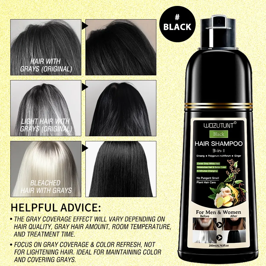 3-in-1 Hair Dye Shampoo – Ginseng Herbal Formula, Covers Grays, Long-Lasting Color (200ml)