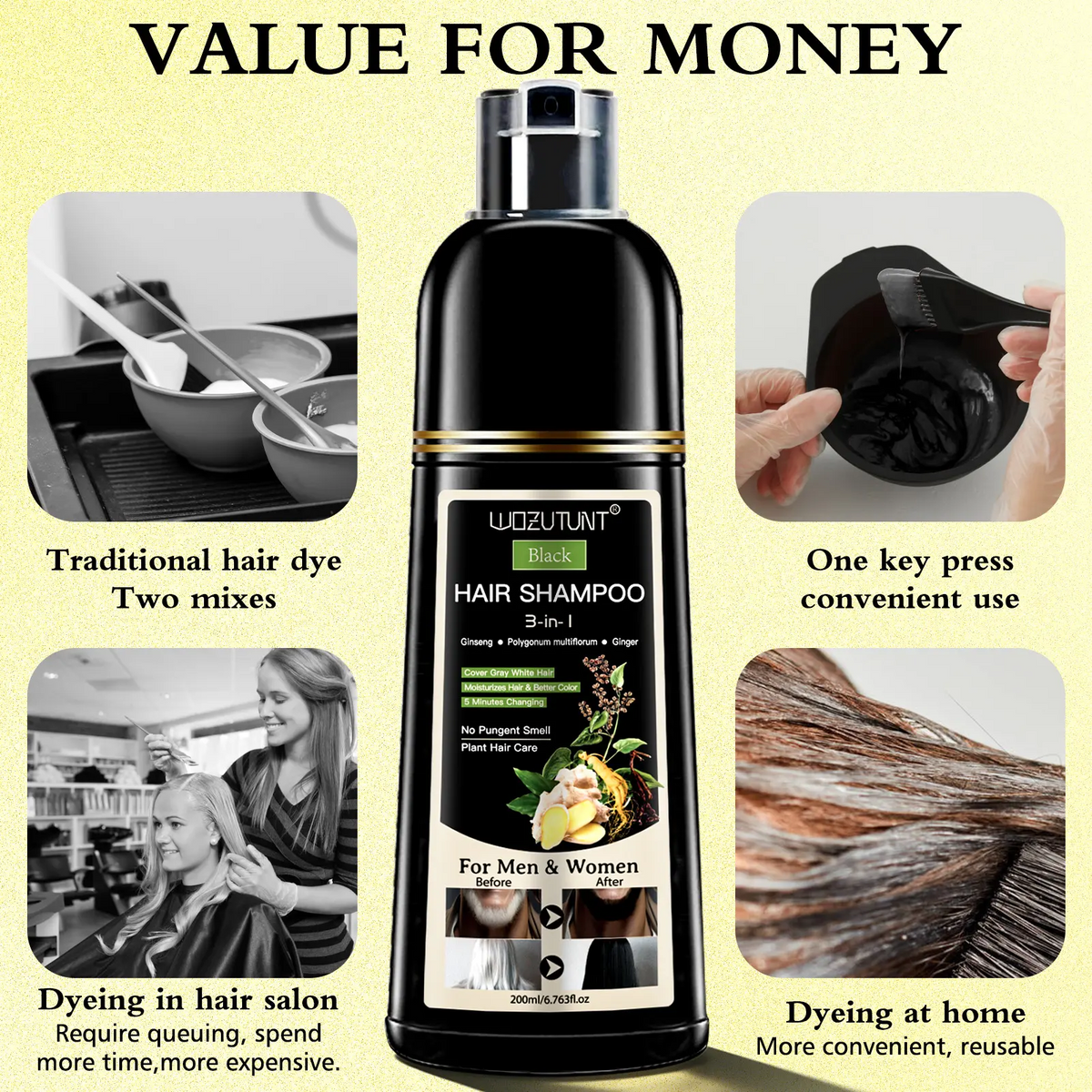 3-in-1 Hair Dye Shampoo – Ginseng Herbal Formula, Covers Grays, Long-Lasting Color (200ml)