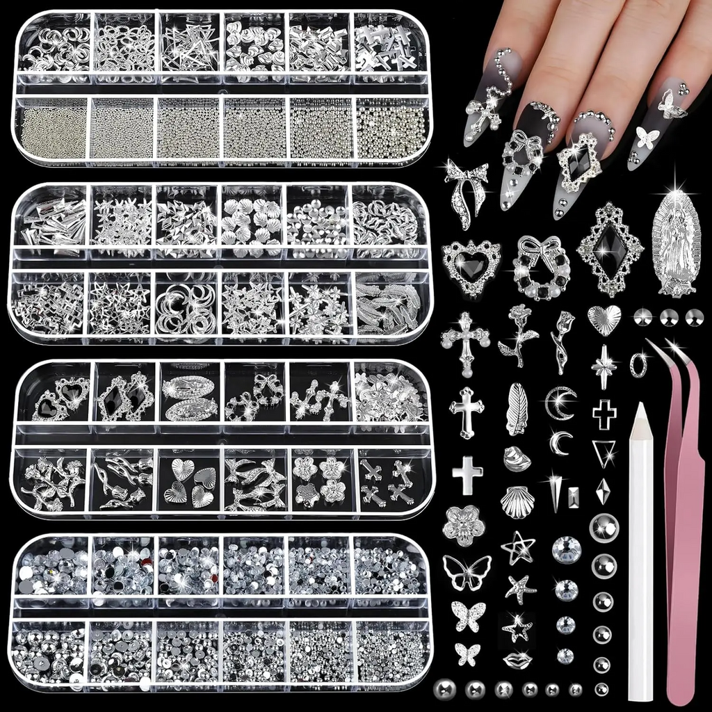 3D Nail Charms Kit – 8 Boxes of Rhinestones, Pearls & Jewels for Nail Art & DIY Crafts