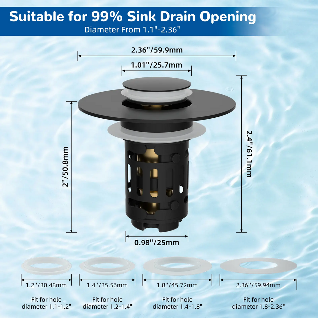 3-in-1 Pop-Up Sink Drain Strainer with Removable Basket | Fits 1.1"–2.36" Drains | Matte Black & More