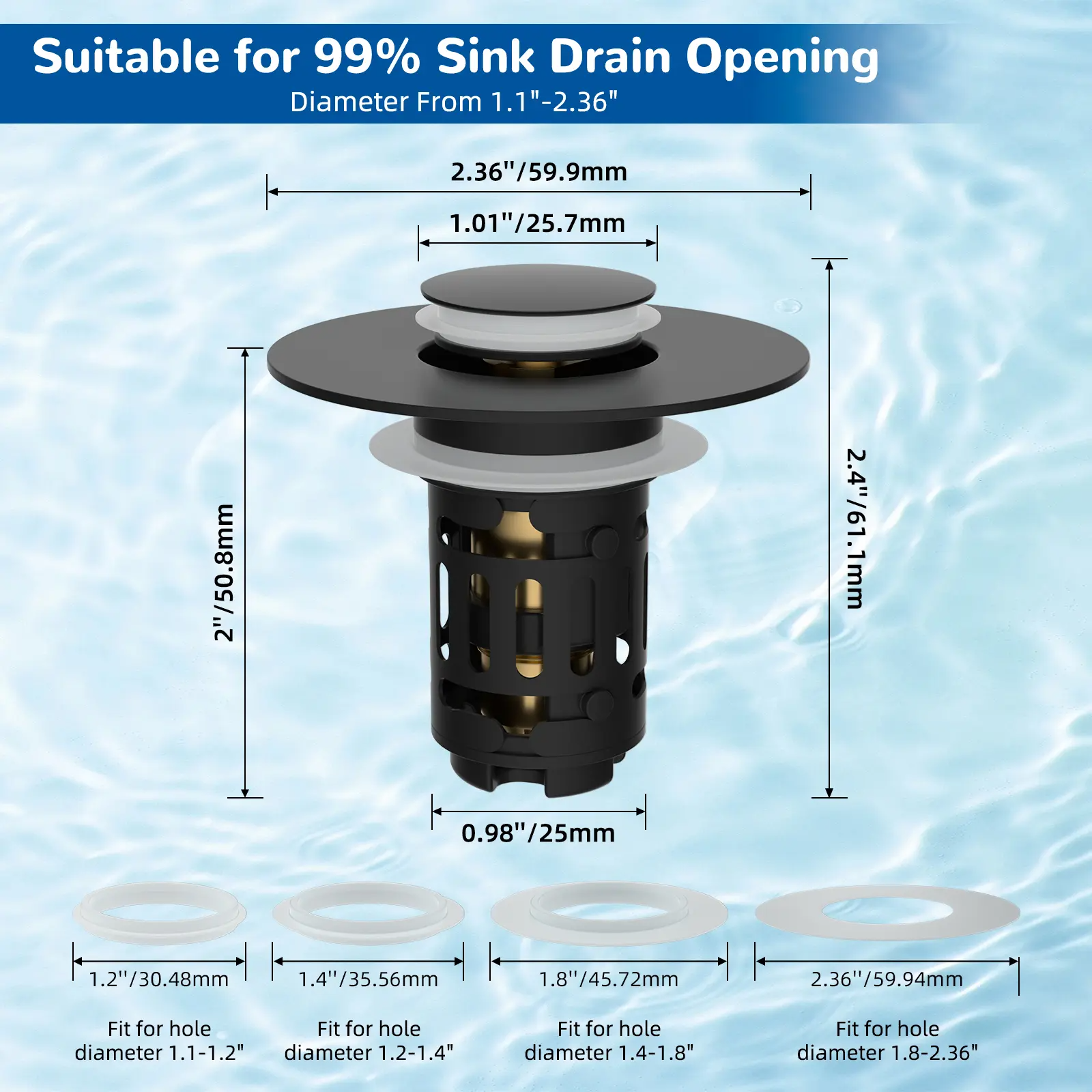 3-in-1 Pop-Up Sink Drain Strainer with Removable Basket | Fits 1.1"–2.36" Drains | Matte Black & More