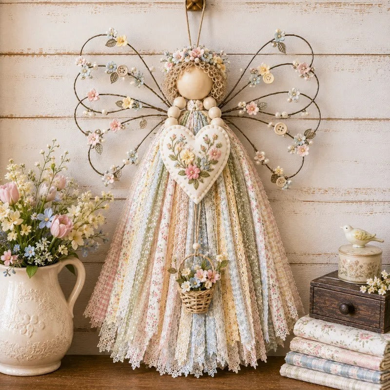 Rustic Fabric Angel Wall Hanging – Handcrafted Patchwork Country Home Decor